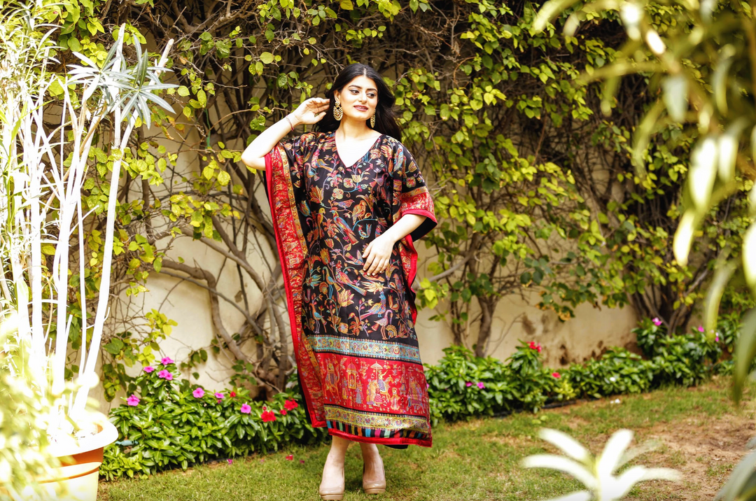 Kimaya Black and Red Silk Kaftan with Birds and a Mughal Procession Scene