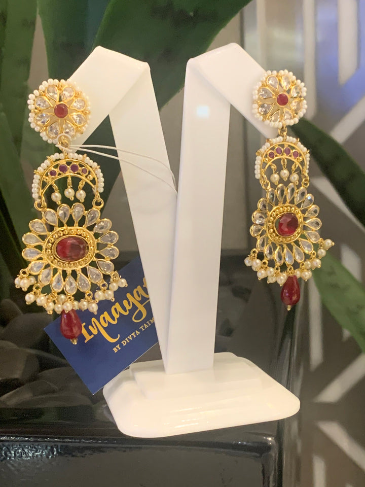 Fiona Red and Gold Flower and Crescent Moon Earrings